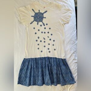 Vintage 90s Hanes T-Shirt Dress 46 48 XL white blue paisley flower ruffle skirt